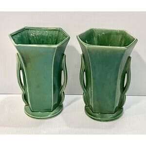 Vtg McCoy Emerald Green Flared Hexagon Pottery Vase Double Handle Pair Of 2